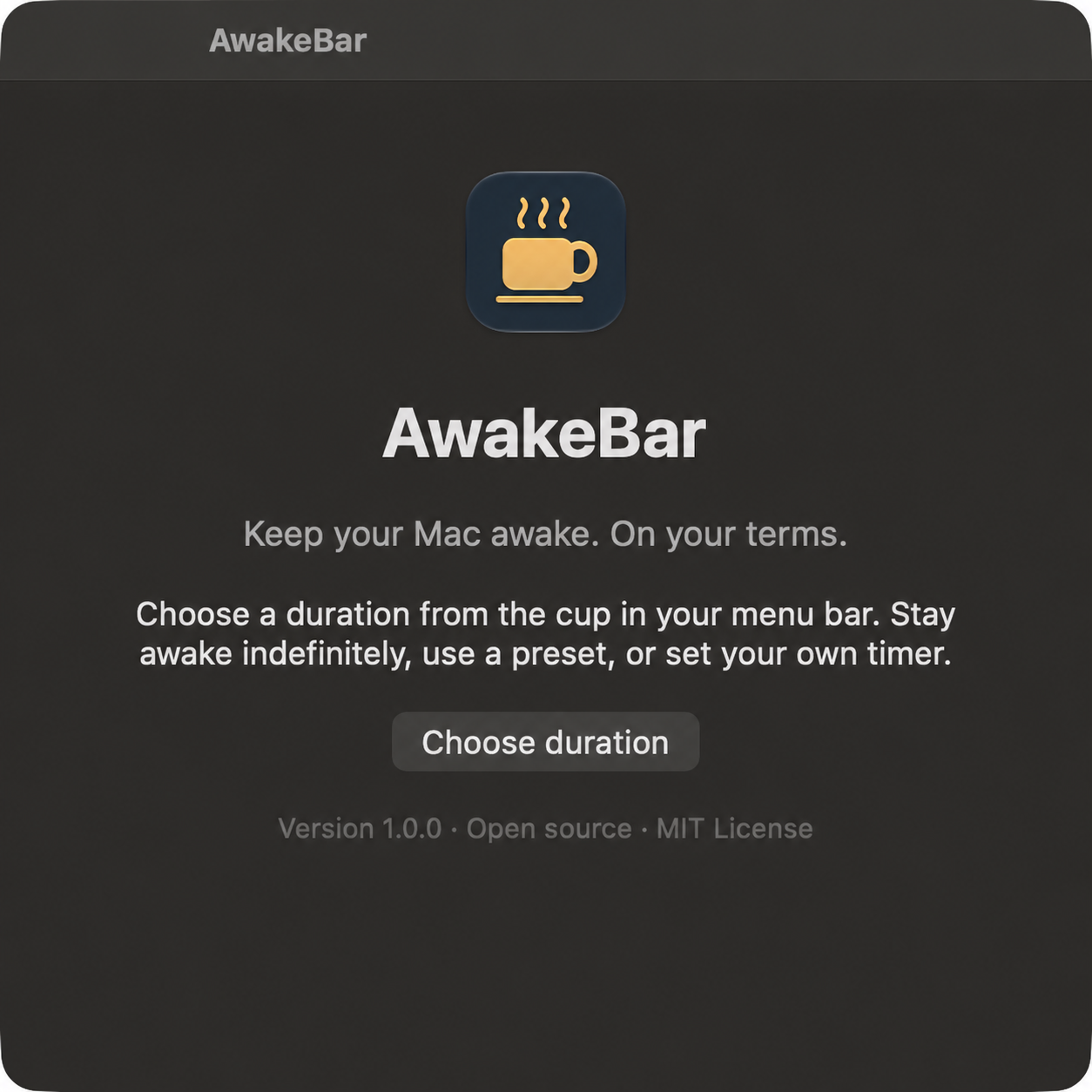 Actual AwakeBar window showing the cup icon and Choose duration control